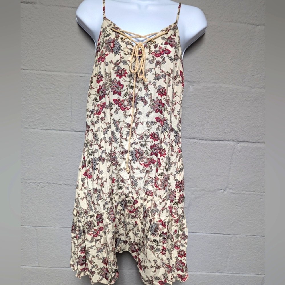L Love Lace Up Slip Dress Size M Ruffle HemBoho Floral
